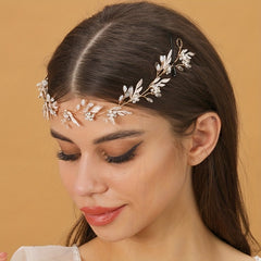 Bridal Crystal Faux Pearl Headband Tiara Golden Leaf Rhinestone Hairband