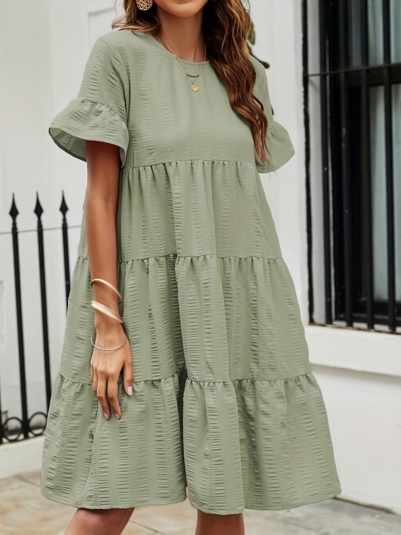 Textured Tiered Dress Solid Crew Neck Short Sleeve Dress