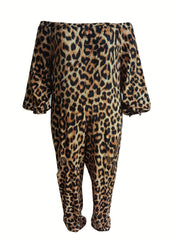 Leopard Cut Out Off Shoulder Lantern Sleeve Jumpsuit