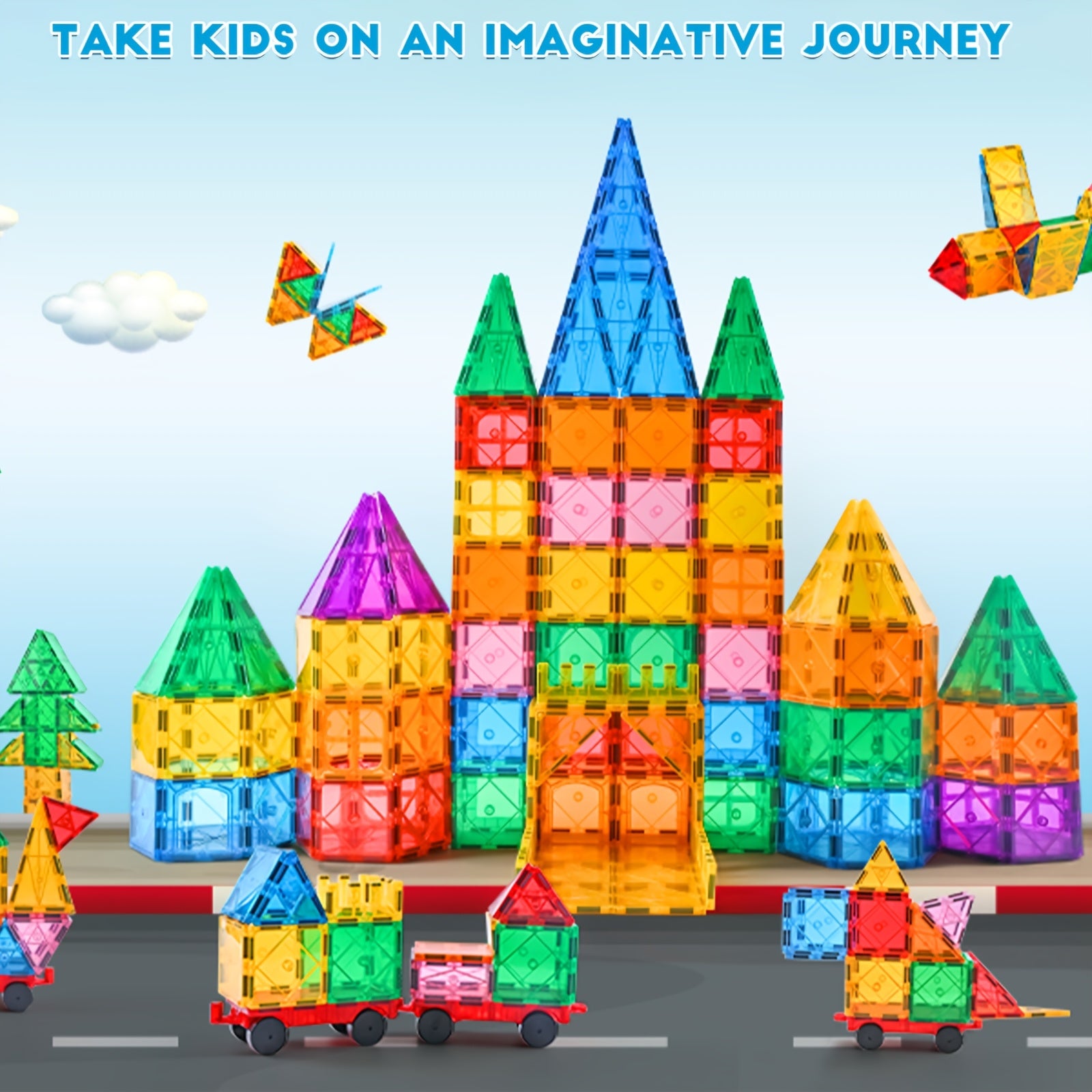 95pcs Magnetic Tiles Building Blocks 3D Playboards 2 Cars Toy