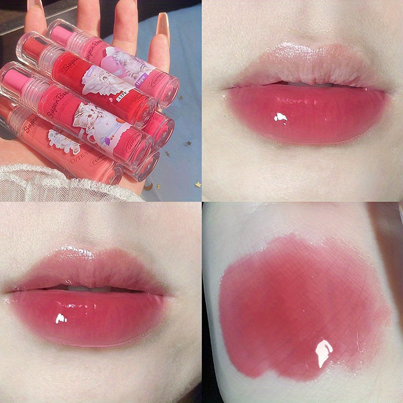 Cat Print 6 Jelly Lip Gloss Long Lasting Dew Sparkle Transparent Film
