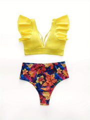 Ruffle Crop Top & Tropical Print Swimsuit Set