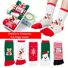 5 Pairs Kids Red Elk Five Toe Socks for Christmas