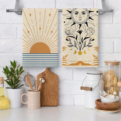 2pcs Sun Celestial Pattern Dish Cloth Hand Towels Soft Absorbent