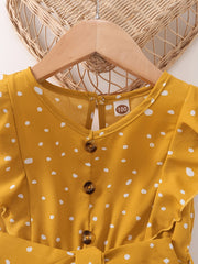 Girls Sleeveless Ruffles Button Polka Dot Belted Dress For Party