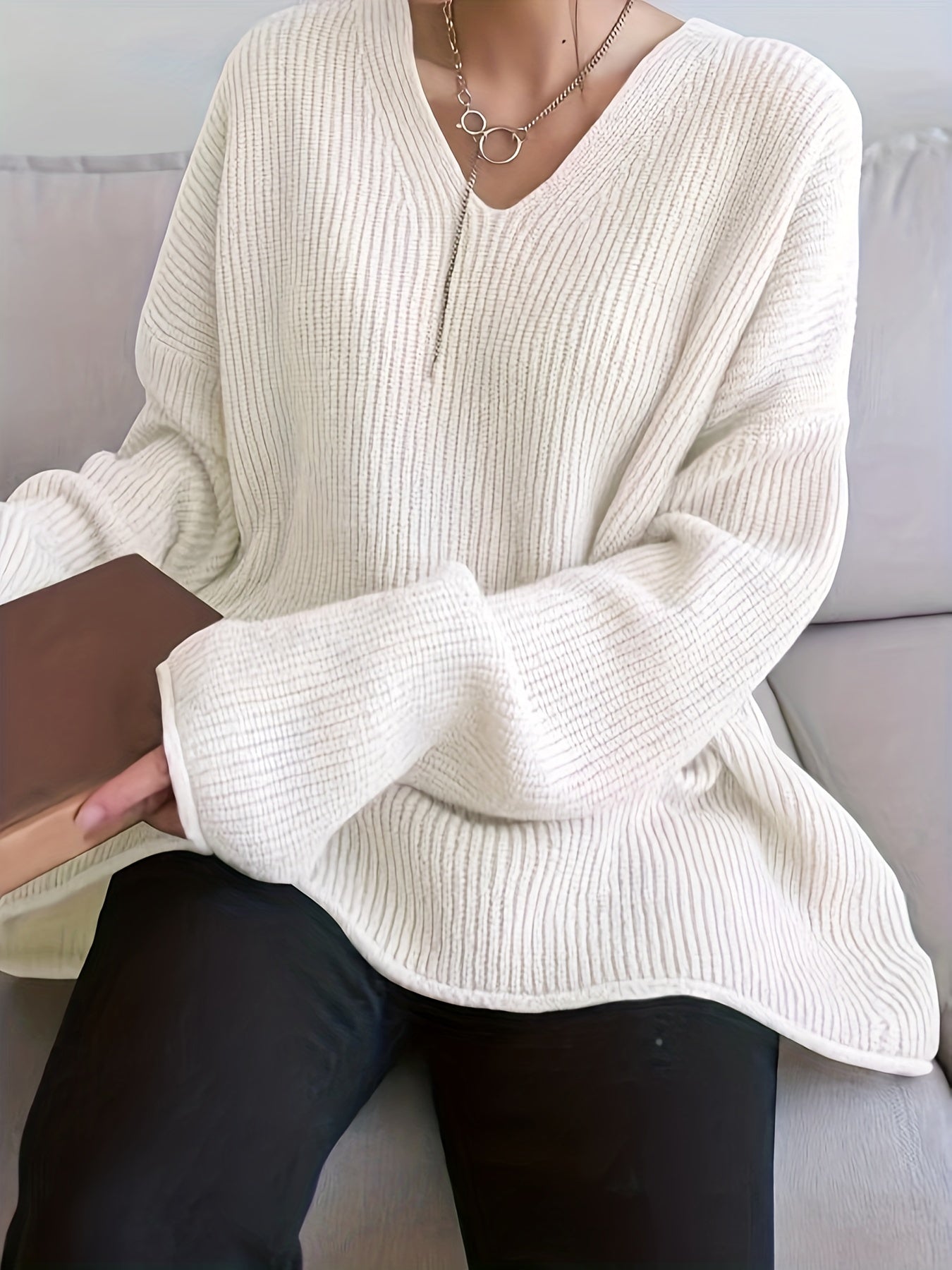 Casual Sweater Women's Plus Solid Ribbed V Neck Pullover