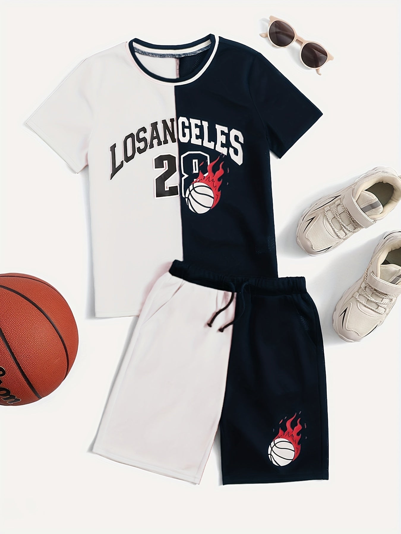 Boys Block Basketball Suit Outfit T shirt & Shorts - Casual Summer Kids Clothes