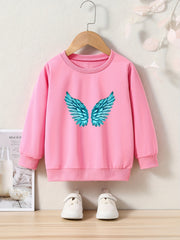 Wings Print Sweatshirt Girls Casual Graphic Crew Neck Pullover Sweatshirt