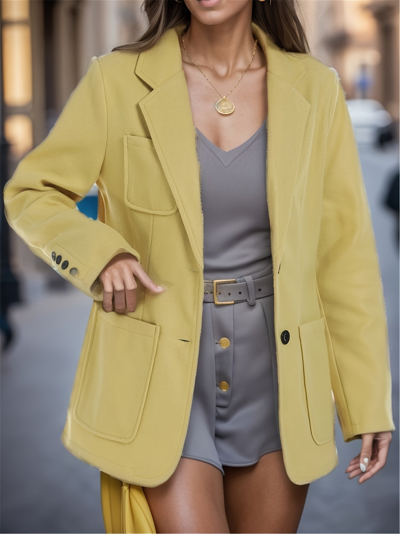 Solid Patched Pockets Lapel Blazer Coat Long Sleeve Loose Blazer Outerwear