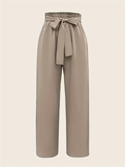 Solid Belted Wide Leg Pants Casual Paper Bag Waist Pocket Pants