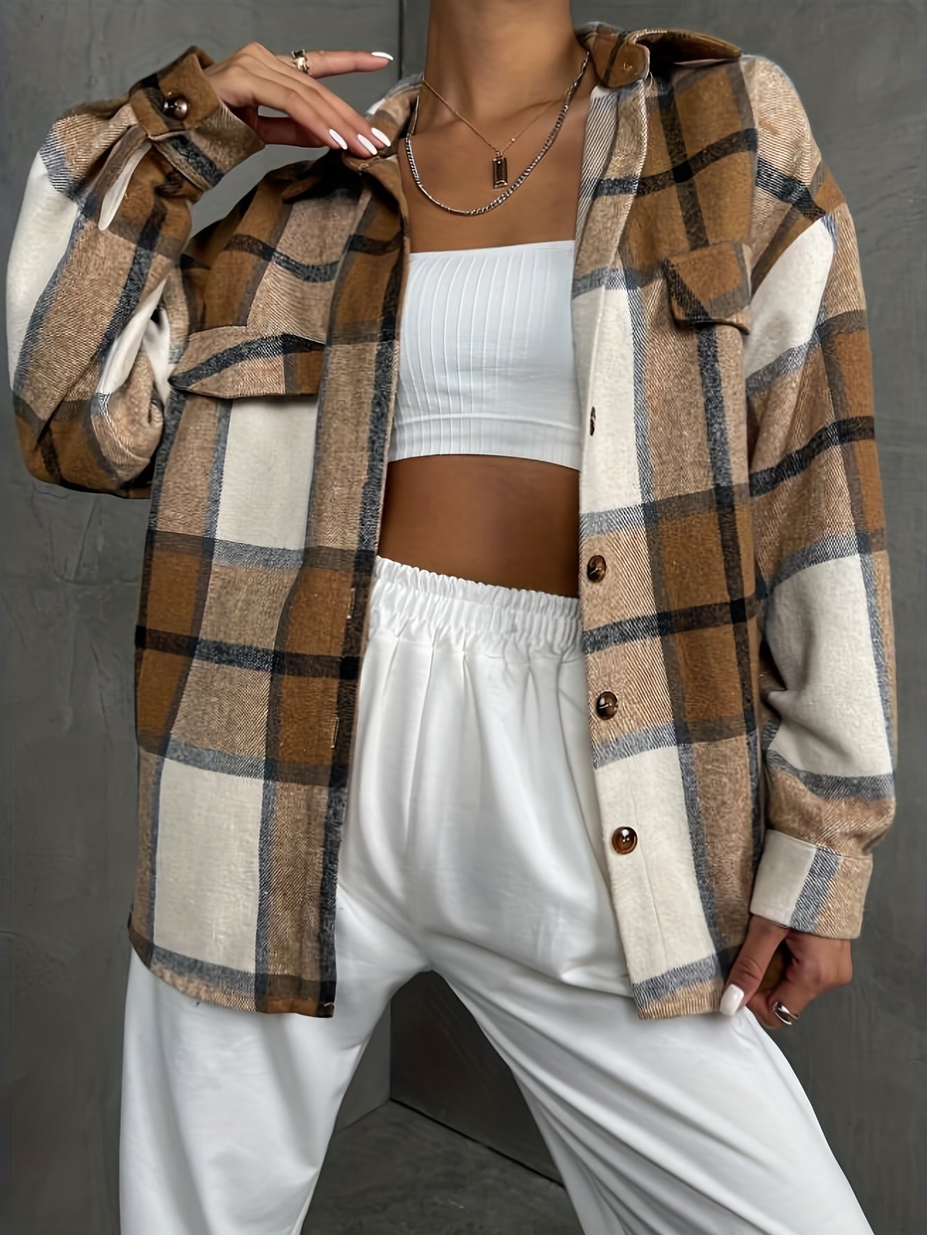 Plaid Drop Shoulder Trucker Jacket Women's Clothing