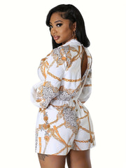 Women's Plus Colorblock Chain & Leopard Print Long Sleeve Romper