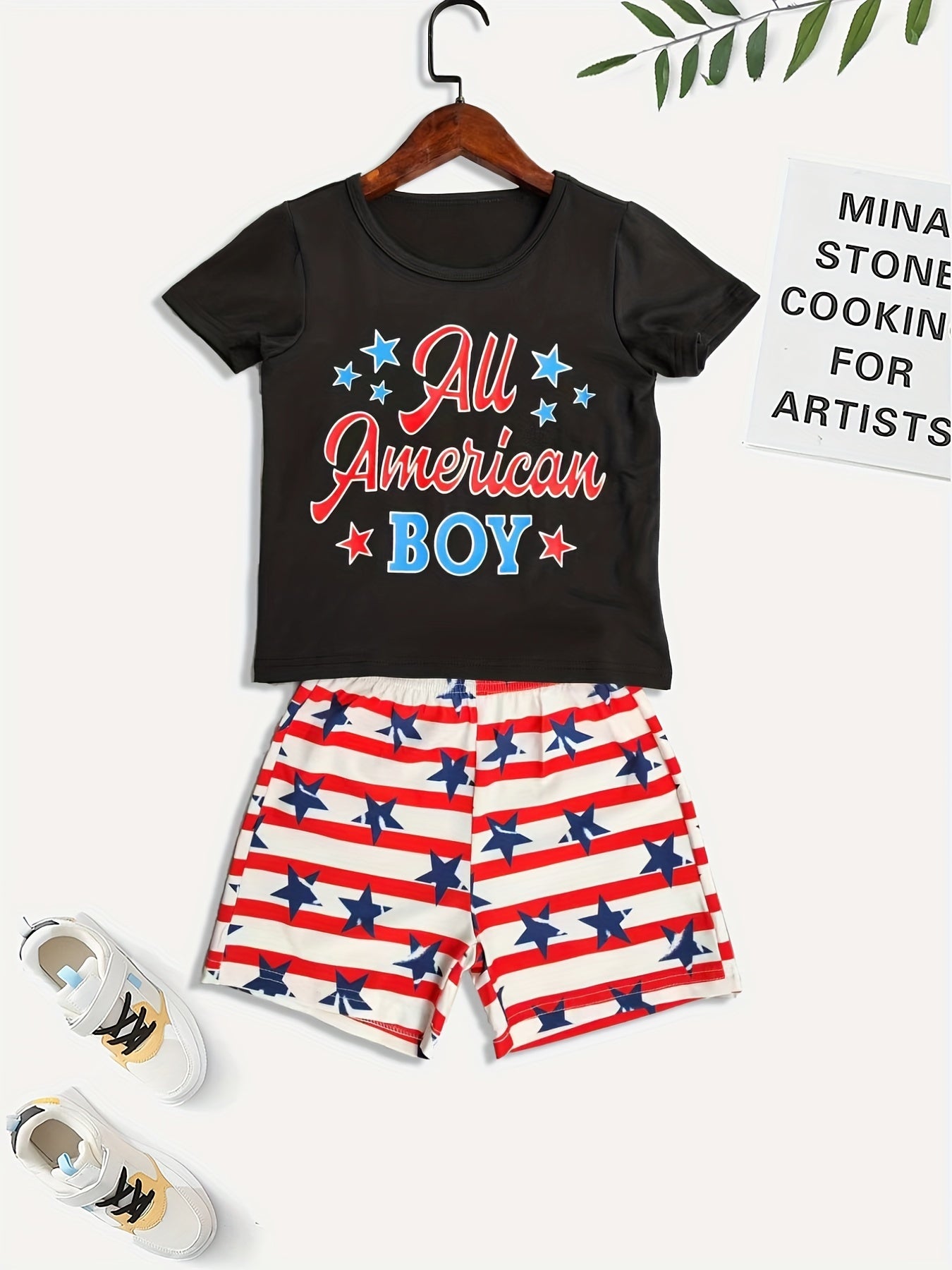 Boys 2pcs T shirt & Shorts Set ALL AMERICAN BOY Stripe Star Crew Neck Tee