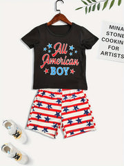 Boys 2pcs T shirt & Shorts Set ALL AMERICAN BOY Stripe Star Crew Neck Tee