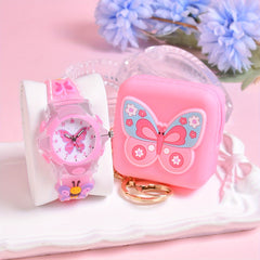 Girls' 3D Butterfly Silicone Strap Watch with LED Flash Quartz Wristwatch Set