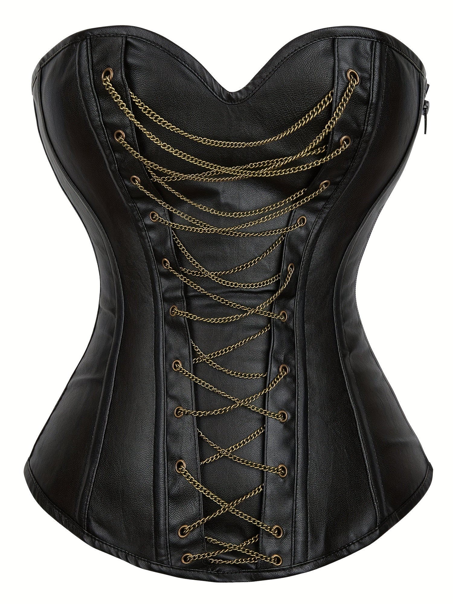 Chain Decor Strapless Corset Bustier Tummy Control Lace Up Zipper Body Shaper