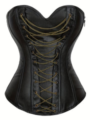 Chain Decor Strapless Corset Bustier Tummy Control Lace Up Zipper Body Shaper