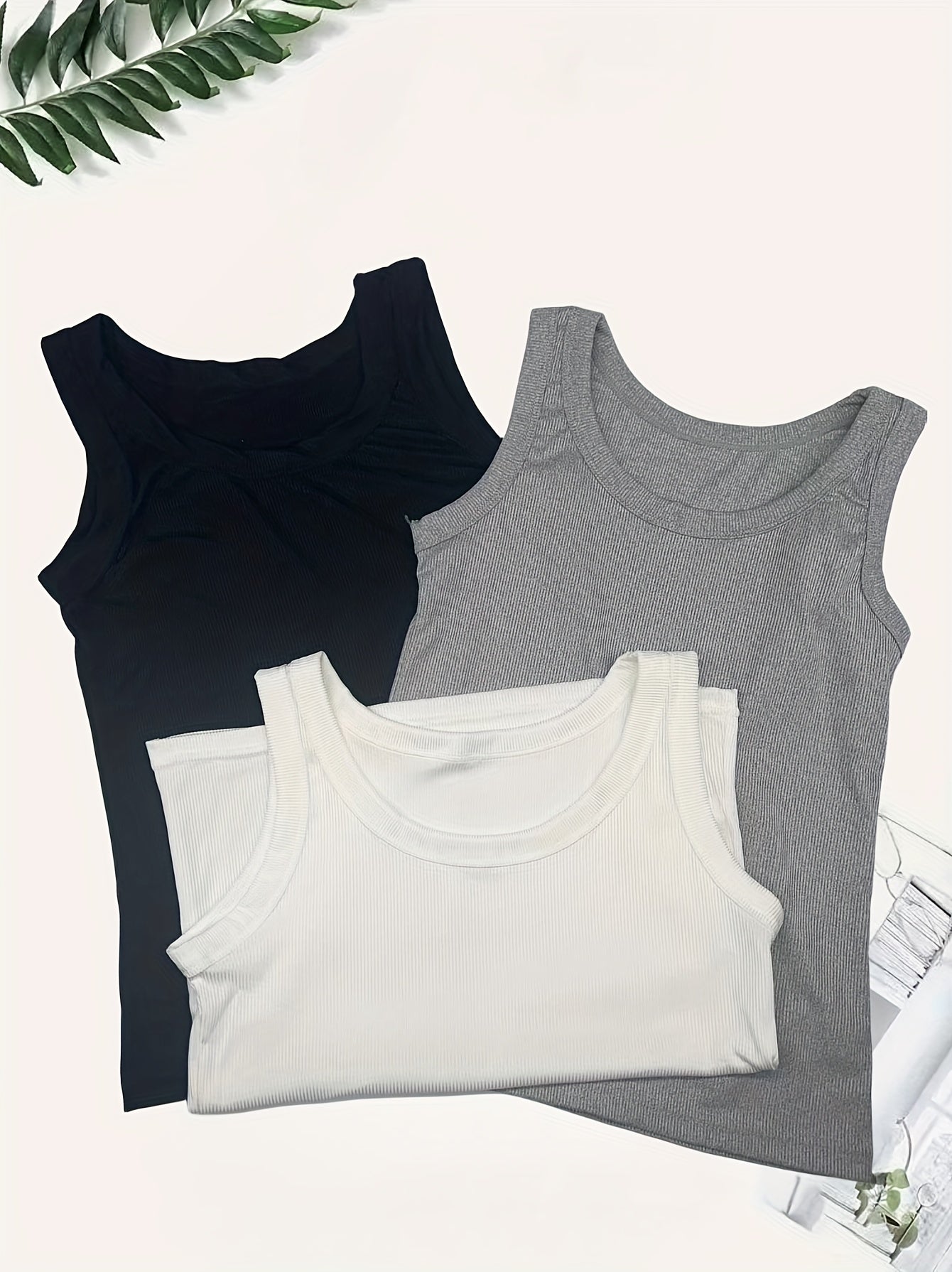 3 Sets Women's Solid Tank Tops Crew Neck Sleeveless Casual Top