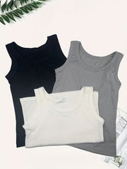 3 Sets Women's Solid Tank Tops Crew Neck Sleeveless Casual Top