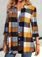 Plus Size Colorblock Grid Print Button Up Roll Sleeve Blouse