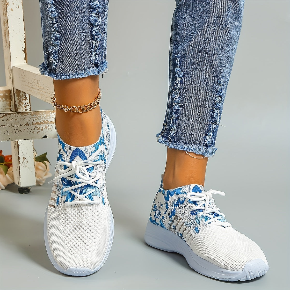 Women's Floral Print Knit Sports Shoes Lace Up Running Sneakers