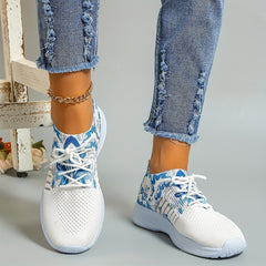 Women's Floral Print Knit Sports Shoes Lace Up Running Sneakers