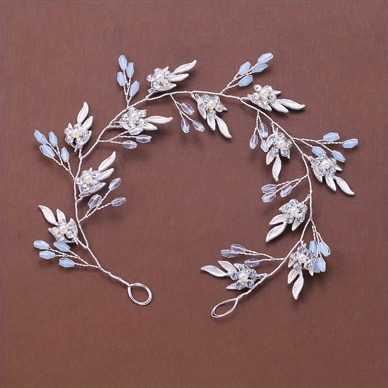 Bridal Crystal Faux Pearl Headband Tiara Golden Leaf Rhinestone Hairband