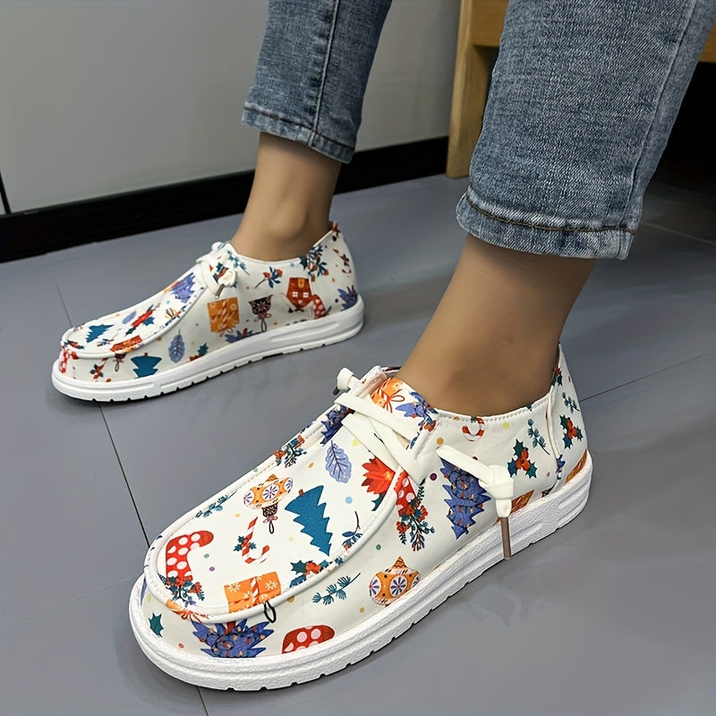 Women's Christmas Pattern Sneakers Lace-up Non-slip Outdoor Flats