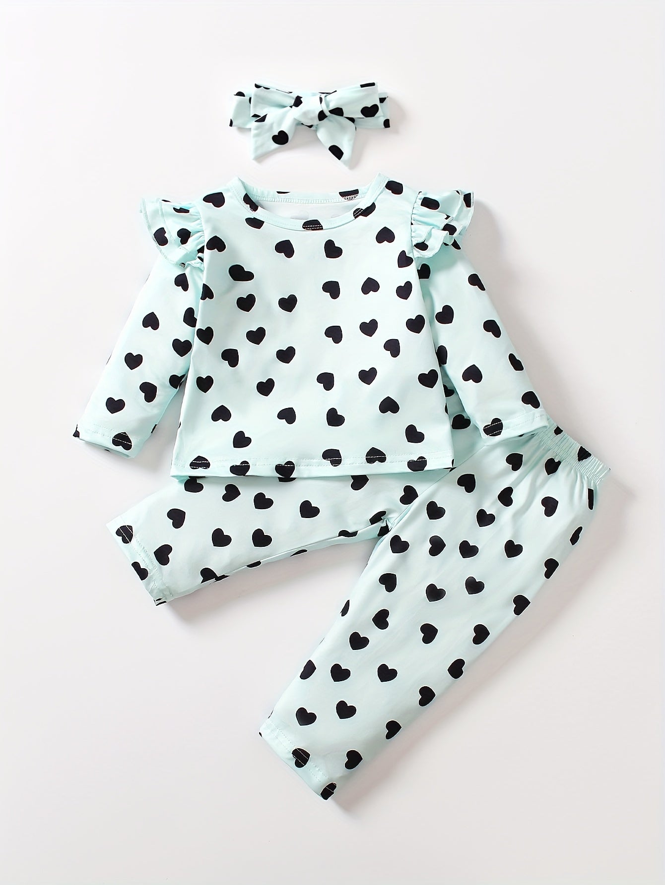 Toddler Girls Heart Print Outfit Ruffle Sleeve T shirt & Trousers & Headband
