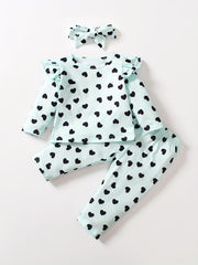 Toddler Girls Heart Print Outfit Ruffle Sleeve T shirt & Trousers & Headband