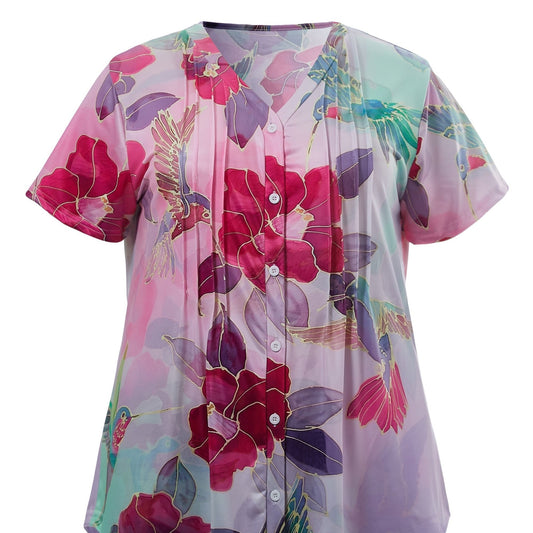 Floral Print Button Up V Neck Top