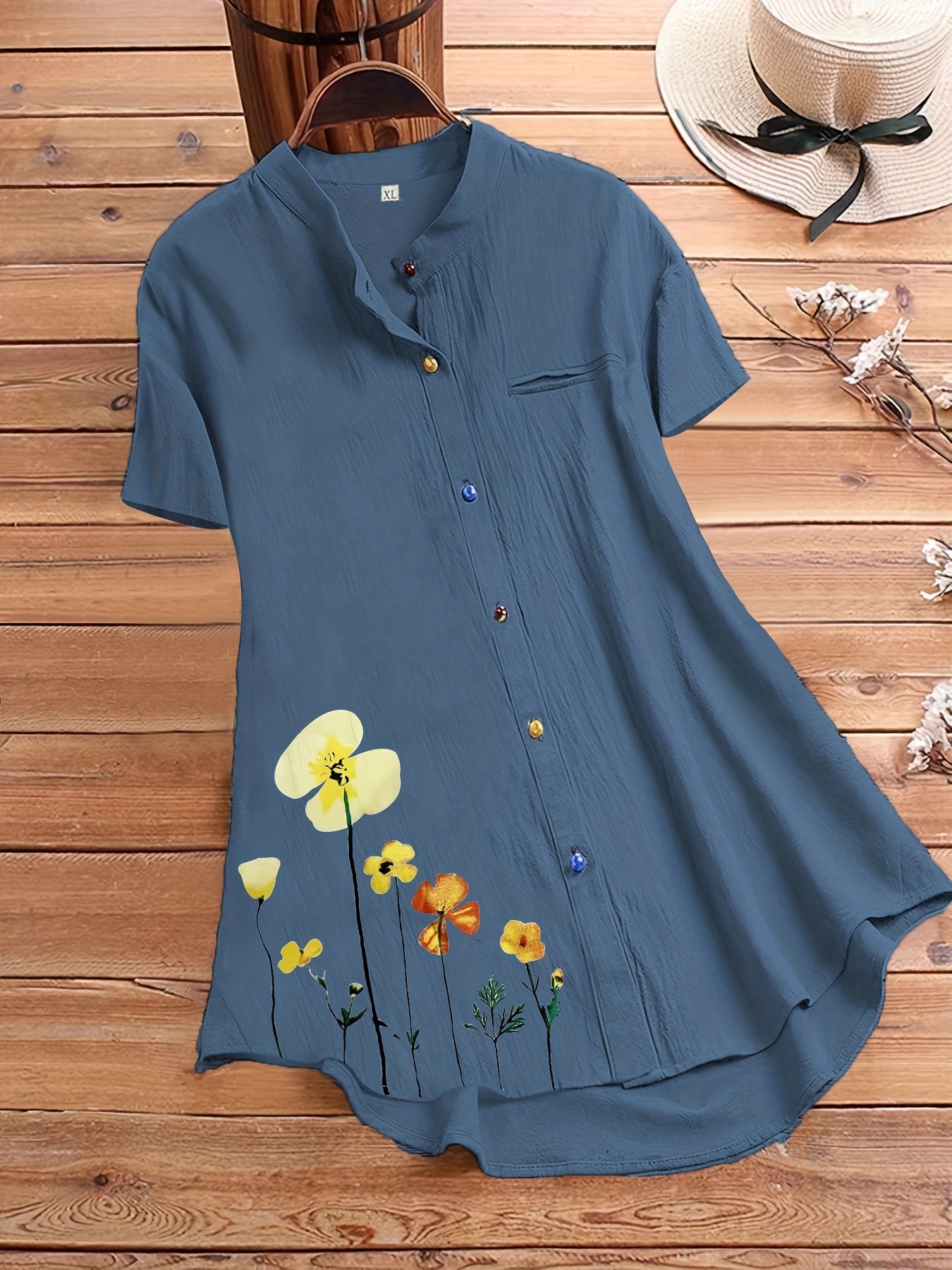 Women's Plus Floral Print Short Sleeve Button Shirt