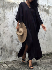 Boho Cover Up Women's Plus Solid Batwing Sleeve V Neck Split Maxi