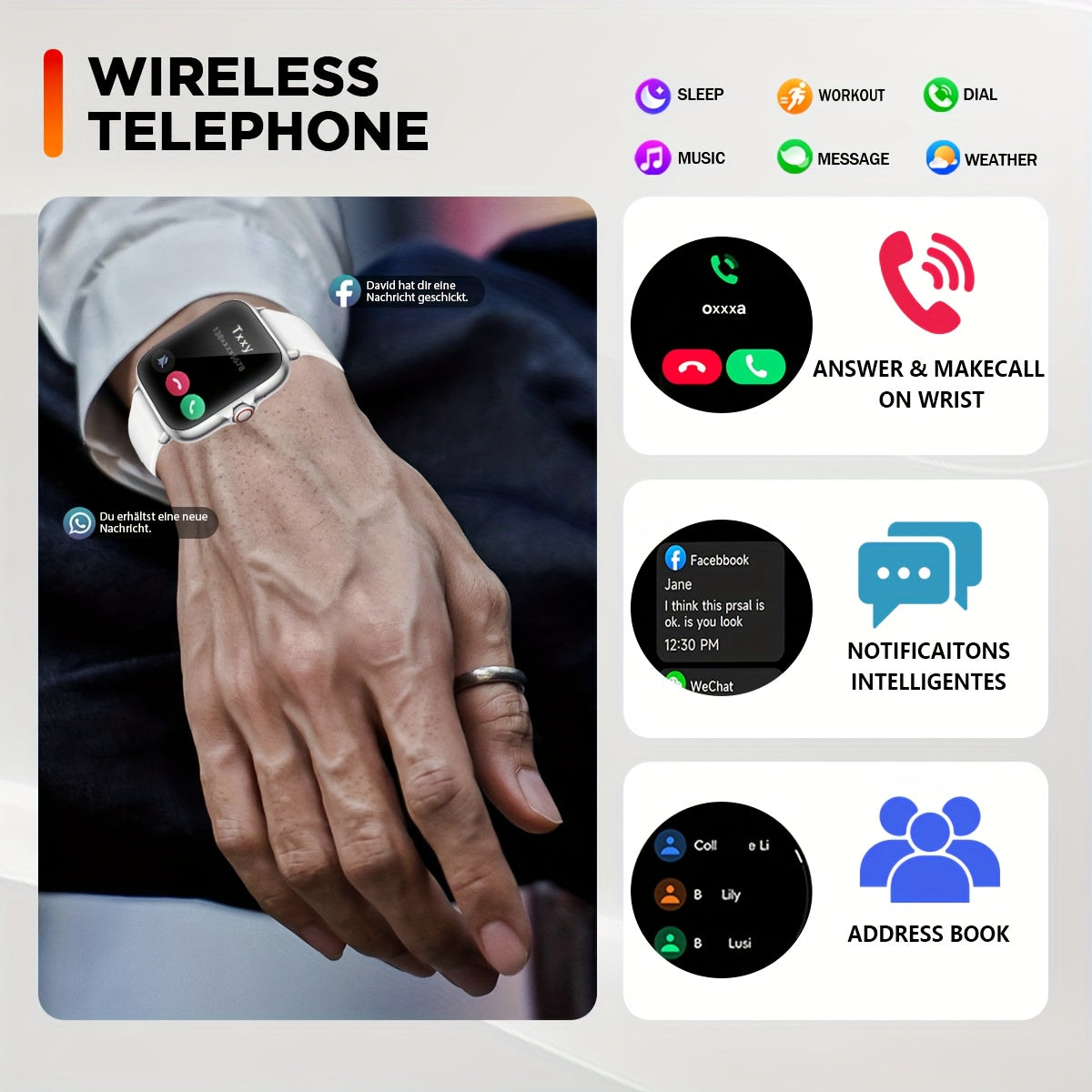 Smart Watch Colorful Touch Screen Wireless Call Answer Camera Controls