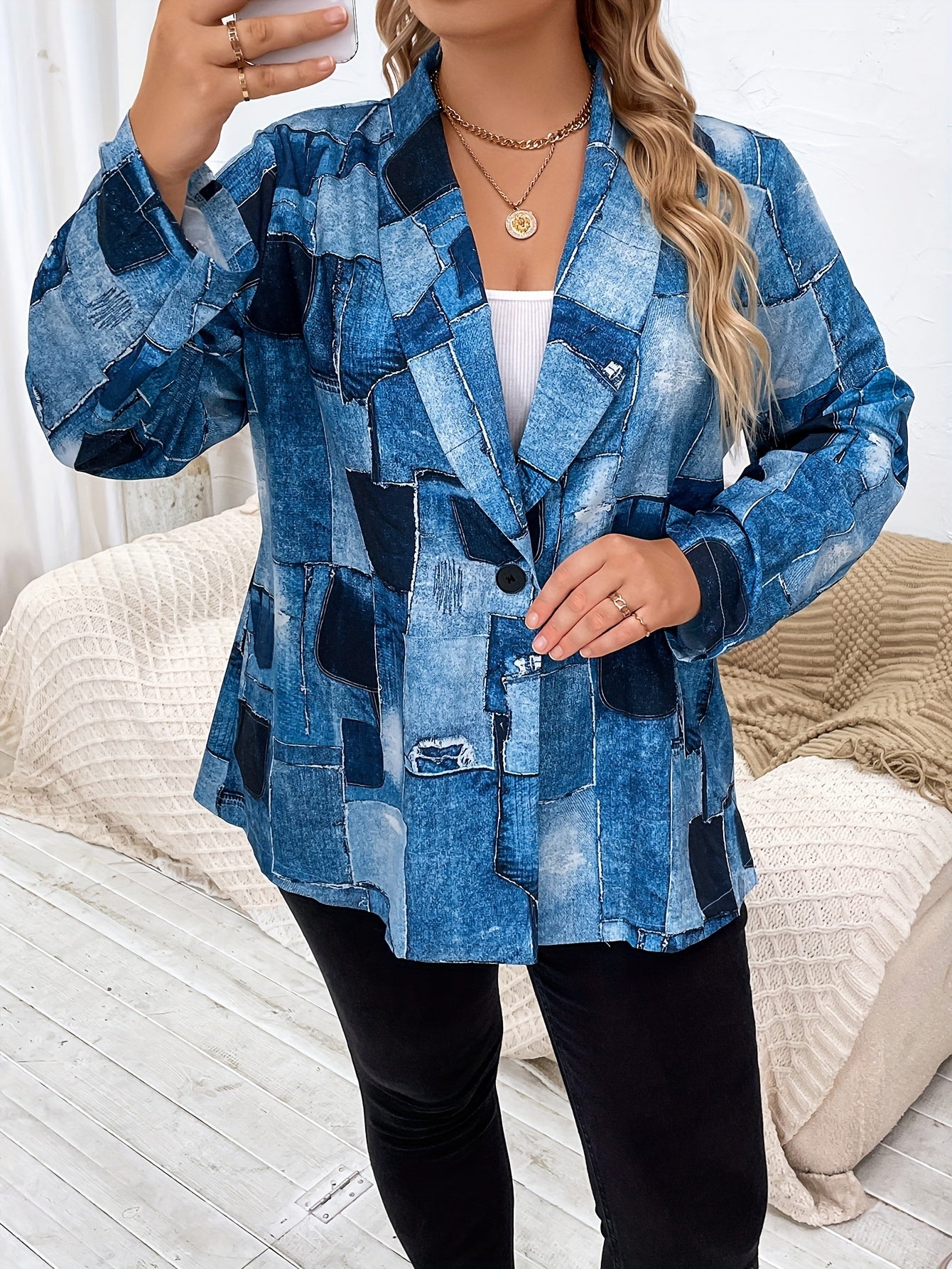 Denim Print Long Sleeve Open Front Blazer