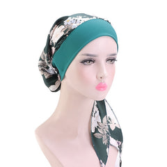 Dark Green Flower Print Turban Cap Satin Elastic Headband
