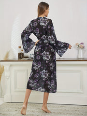 Floral Print Mesh Night Robe Long Sleeve V Neck Belted Women's Lingerie