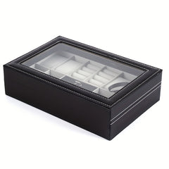 Men's 8 Digit Watch Box Ring Velvet Cover Glass Transparent Display