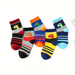5 Pairs Boy's Cartoon Dinosaur Pattern Crew Socks - Unisex Outdoor Style