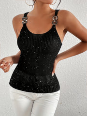 Chain Detail Ribbed Knit Top Sleeveless Crew Neck Casual Top