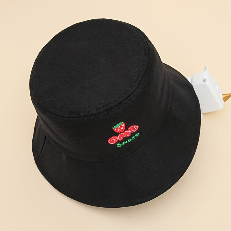 Strawberry Embroidery Bucket Hat Outdoor Fisherman Cap