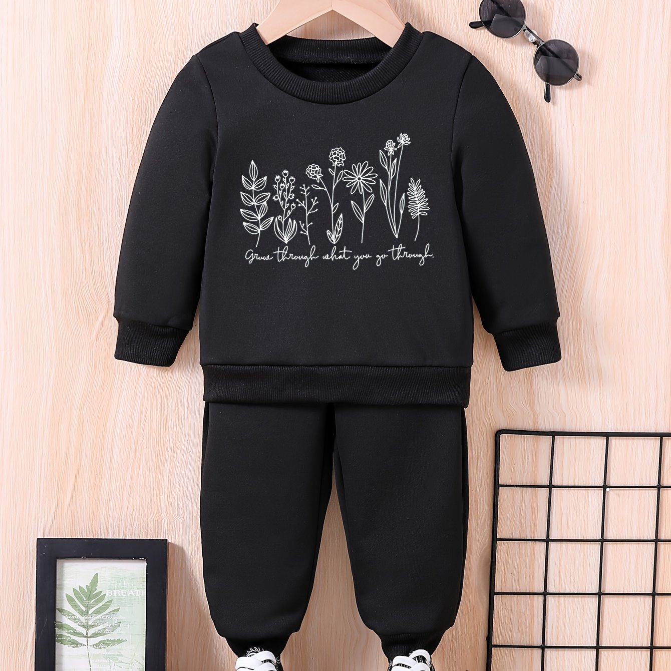 Baby Flowers Letter Print Sweatshirt Trousers Set