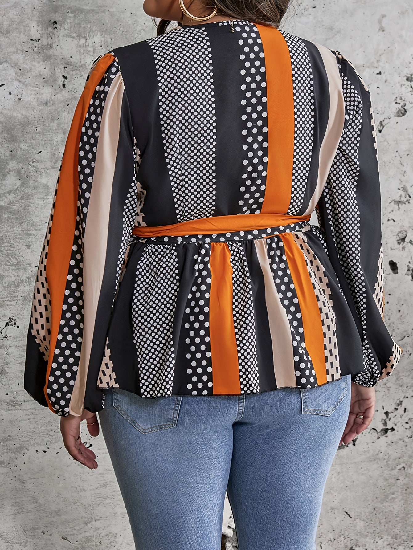 Colorblock Lantern Sleeve Wrap Top With Belt