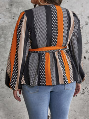 Colorblock Lantern Sleeve Wrap Top With Belt