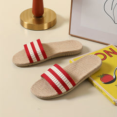 Women's Striped Linen Slides Breathable Open Toe Non Slip Shoes