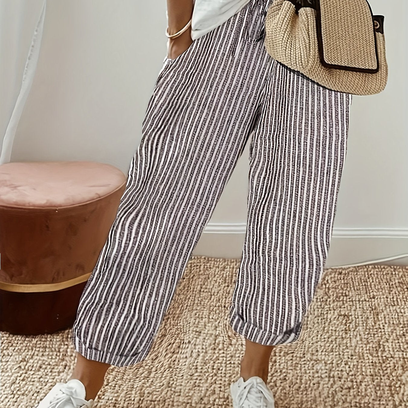 Stripe Print Elastic Drawstring Loose Fit Trousers