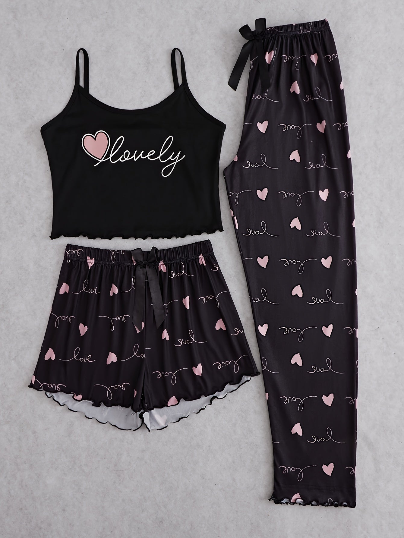 Heart Print Pajama Set Cami Top & Shorts & Pants