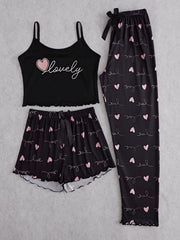 Heart Print Pajama Set Cami Top & Shorts & Pants