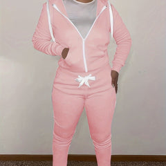 Sporty Outfit Set Women Solid Long Sleeve Zipper Front