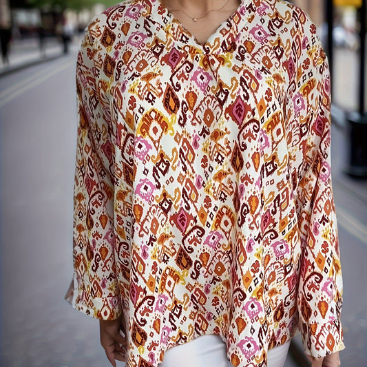 Casual Blouse Women's Plus Allover Print Long Sleeve V Neck Shirt Top